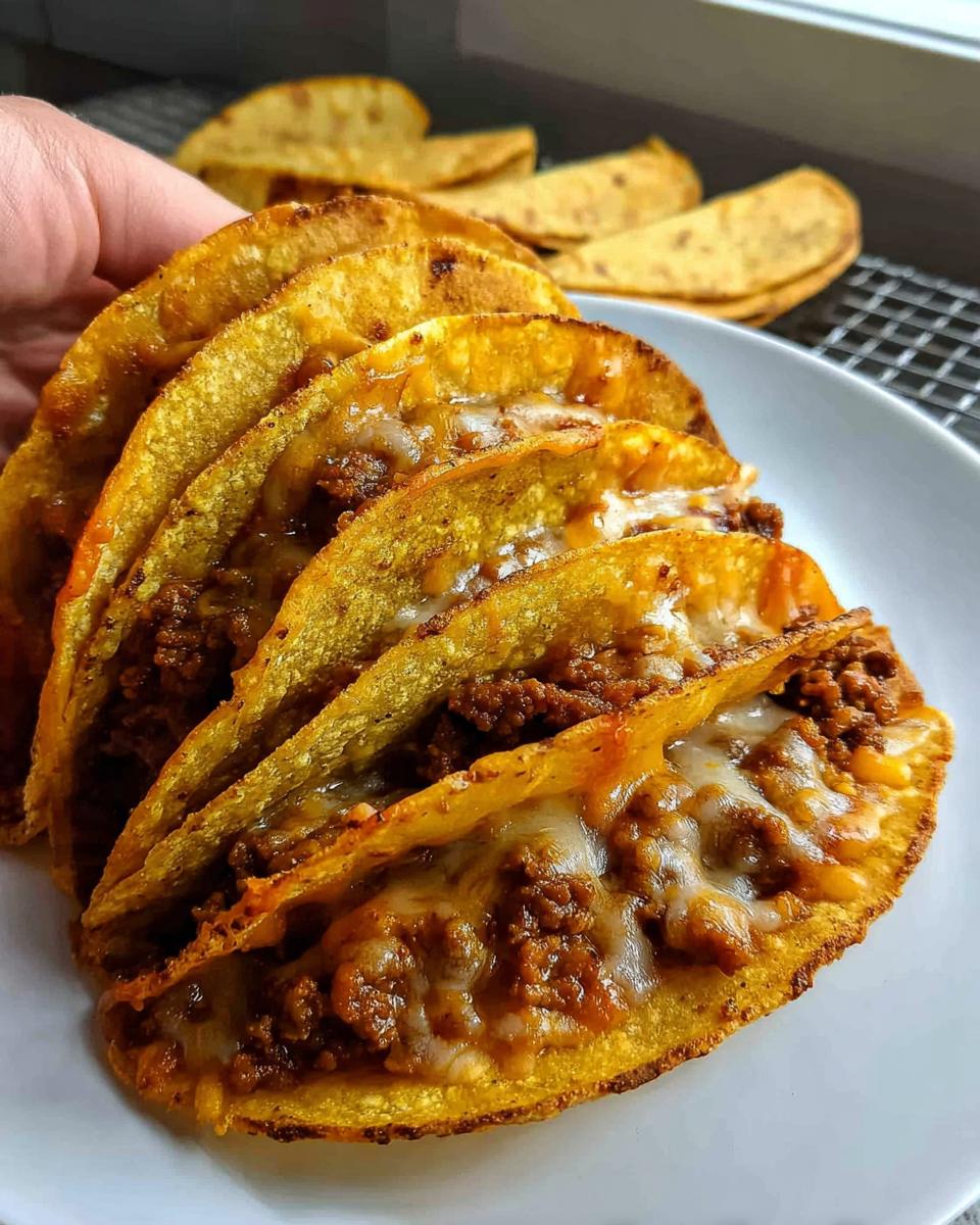 A hand holds up four crispy Oven-Baked Cheesy Tacos filled with seasoned ground beef and melted white cheese.