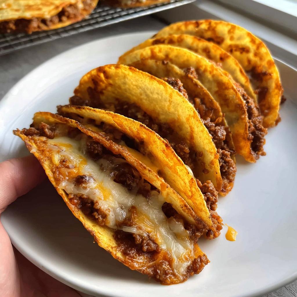 A hand holds up one of several crispy Oven-Baked Cheesy Tacos filled with seasoned ground beef and gooey melted cheese.