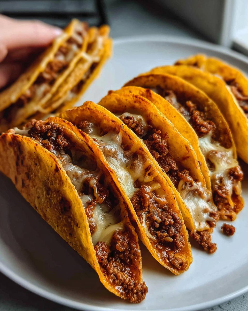 A row of crispy Oven-Baked Cheesy Tacos filled with seasoned ground beef and melted white cheese on a white plate.