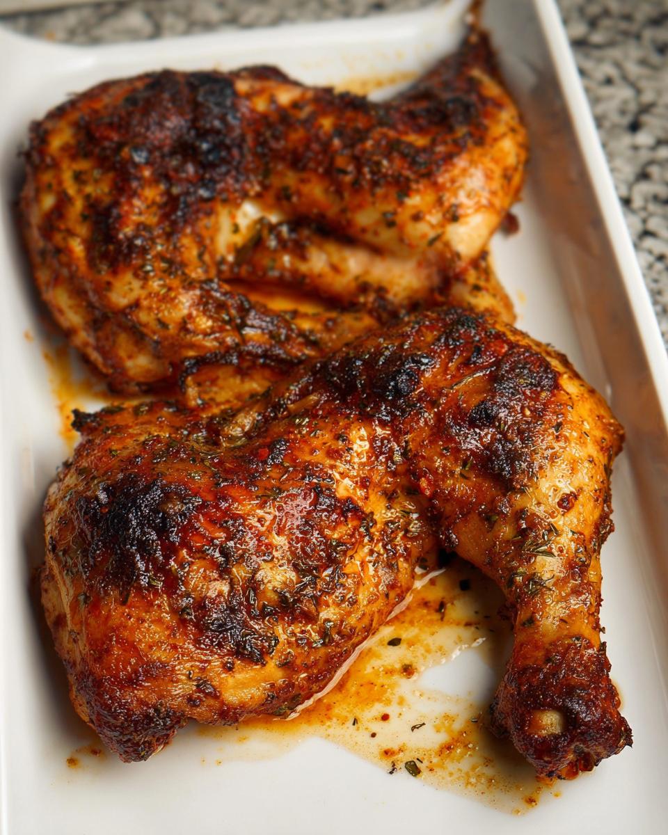 Two perfectly baked Paprika Garlic Baked Chicken Quarters with crispy, seasoned skin resting in a white dish.
