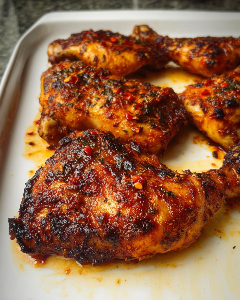 Close-up of several juicy Paprika Garlic Baked Chicken Quarters with crispy, seasoned skin resting on a white baking dish.