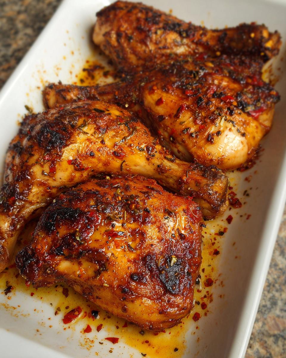 Four perfectly baked Paprika Garlic Baked Chicken Quarters resting in a white baking dish with flavorful juices.