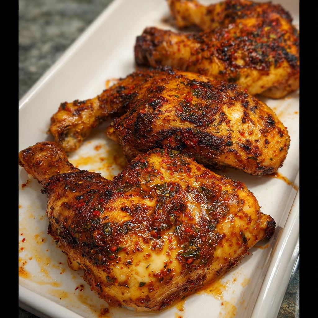 Four perfectly baked Paprika Garlic Baked Chicken Quarters resting on a white serving dish, glistening with spices.