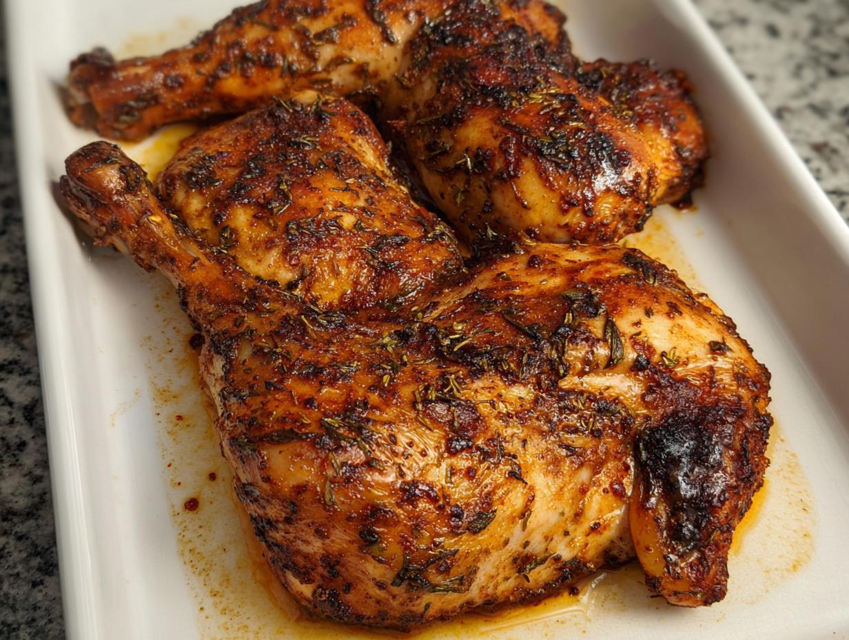 Four beautifully roasted Paprika Garlic Baked Chicken Quarters resting in a white baking dish with pan juices.