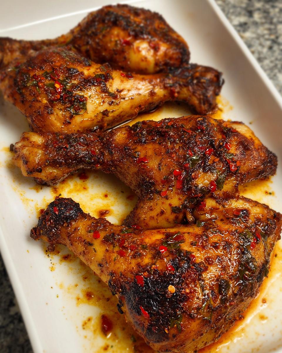 Four baked chicken quarters coated heavily in a rich paprika and garlic spice rub, served on a white platter.