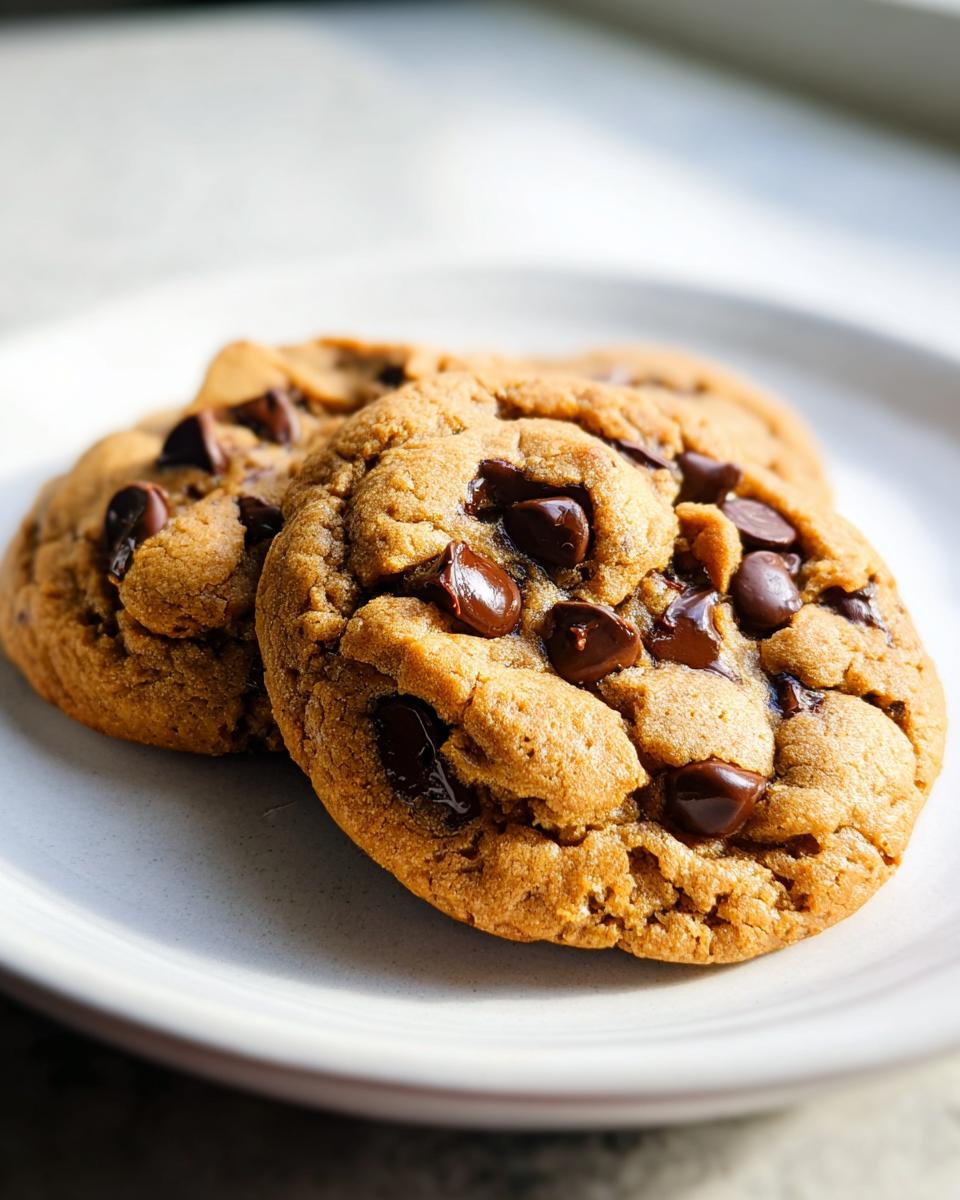Close-up of two delicious Peanut Butter Chocolate Chip Cookies stacked slightly on a light-colored plate.