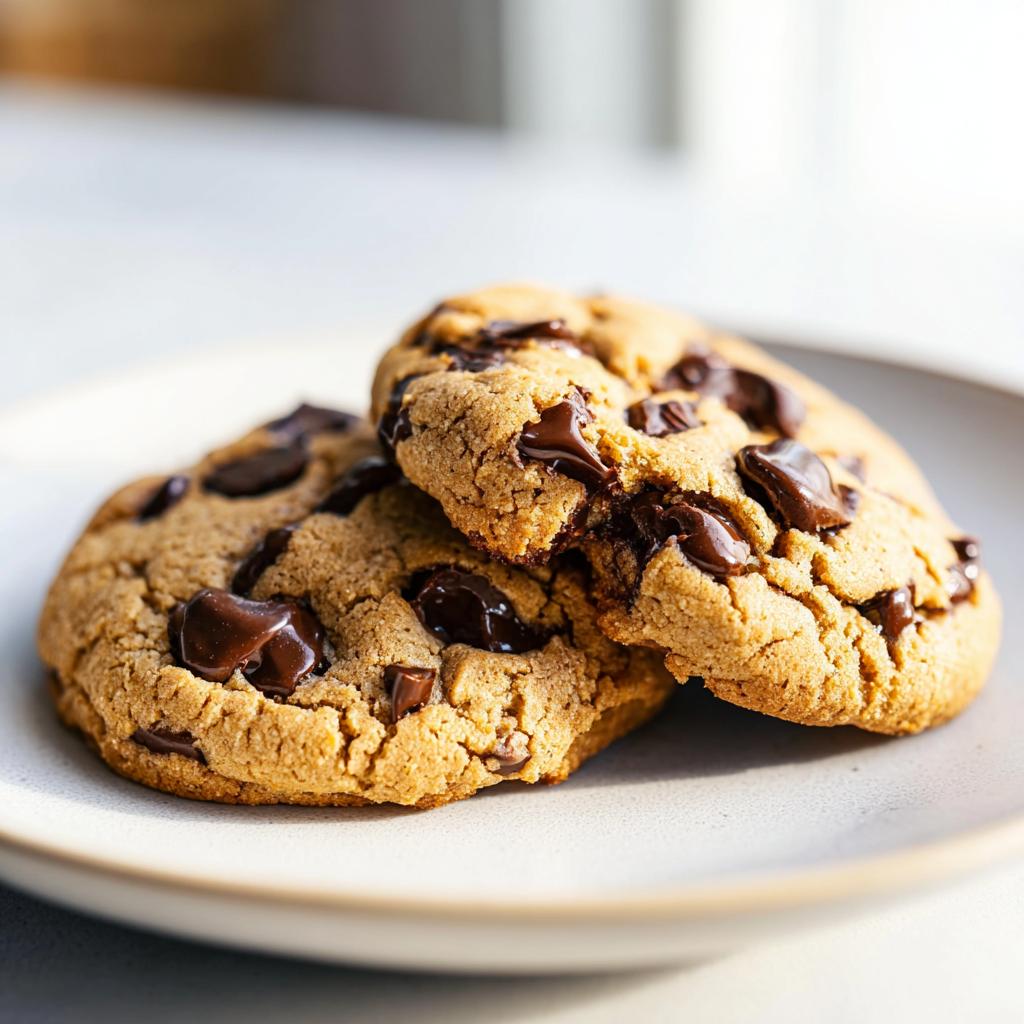 Two perfectly baked Peanut Butter Chocolate Chip Cookies stacked slightly on a light ceramic plate.