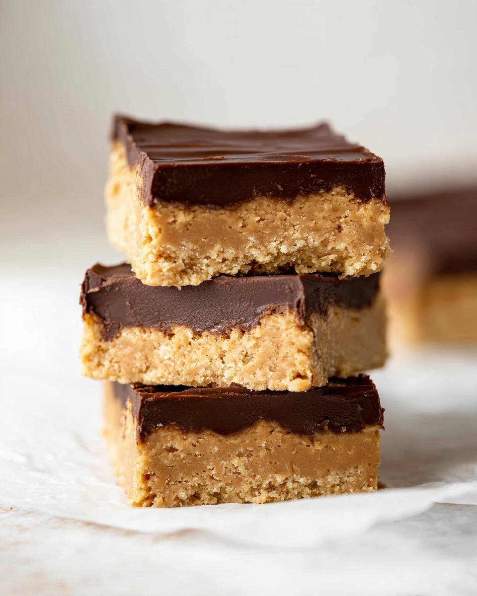 Three stacked Peanut Butter Chocolate Fudge Squares featuring a thick peanut butter base and a smooth chocolate topping.