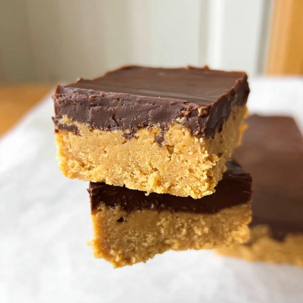 Two stacked Peanut Butter Chocolate Fudge Squares showing a thick peanut butter layer and a smooth chocolate topping.