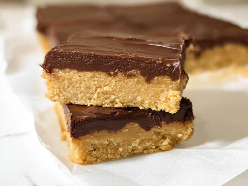Two stacked Peanut Butter Chocolate Fudge Squares showing a thick peanut butter base and a rich chocolate topping.