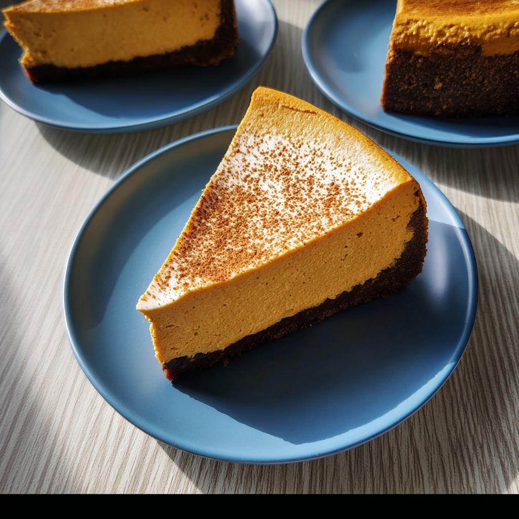 A perfect slice of Pumpkin Spice Cheesecake with Gingersnap Crust dusted with cinnamon on a blue plate.
