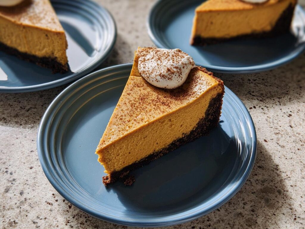A slice of rich Pumpkin Spice Cheesecake with a dark gingersnap crust, topped with whipped cream and cinnamon.