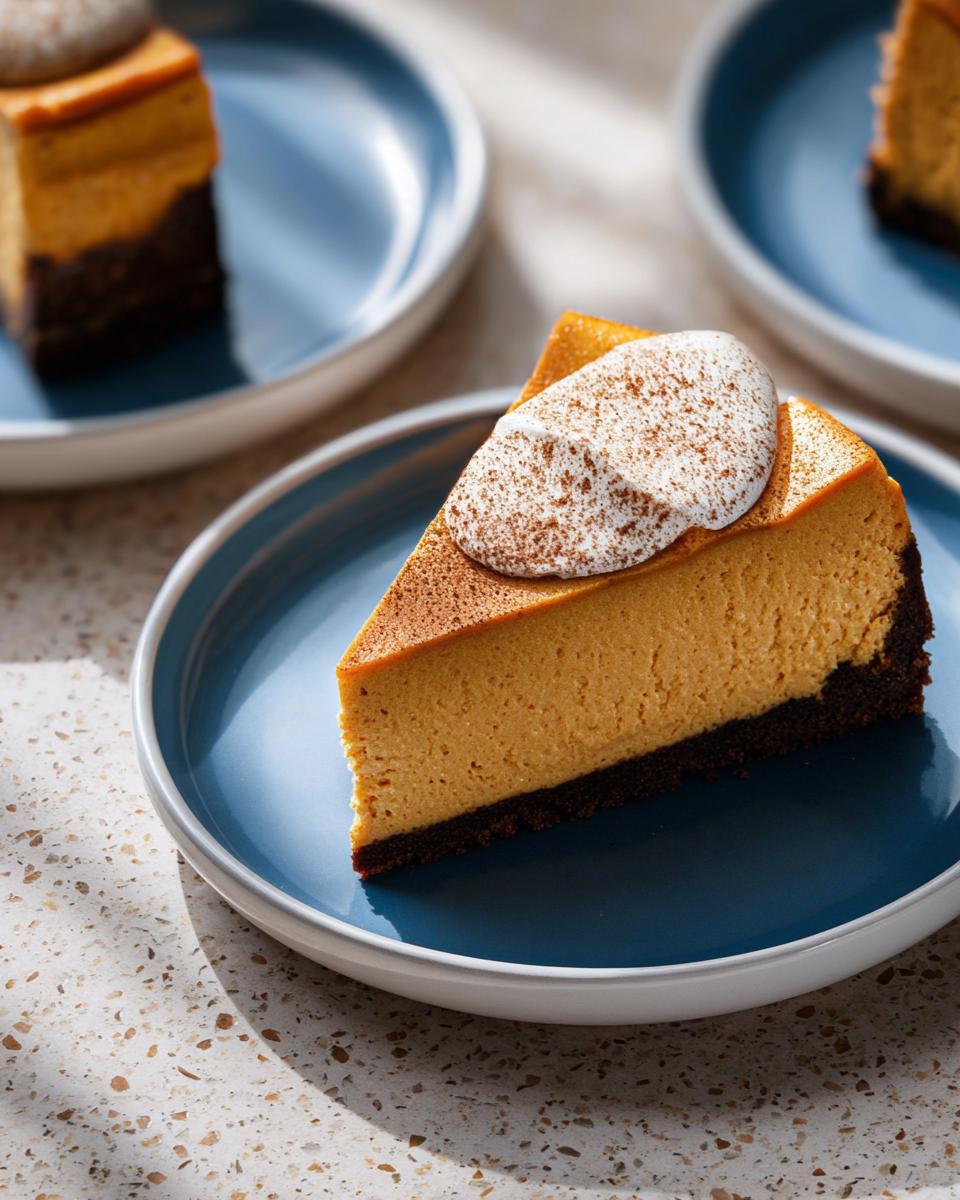 A perfect slice of Pumpkin Spice Cheesecake with Gingersnap Crust topped with whipped cream and cinnamon.