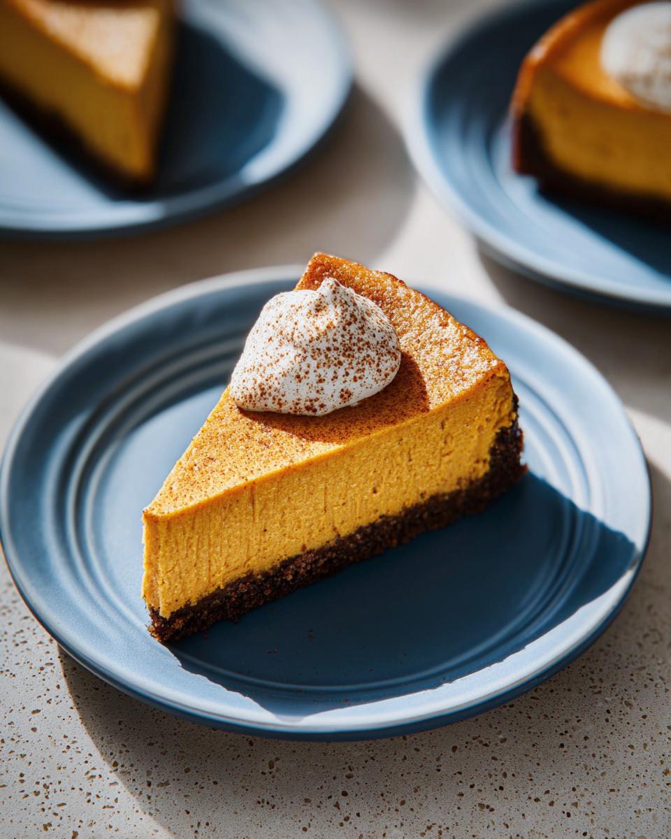 A slice of rich orange Pumpkin Spice Cheesecake with a dark gingersnap crust, topped with whipped cream.