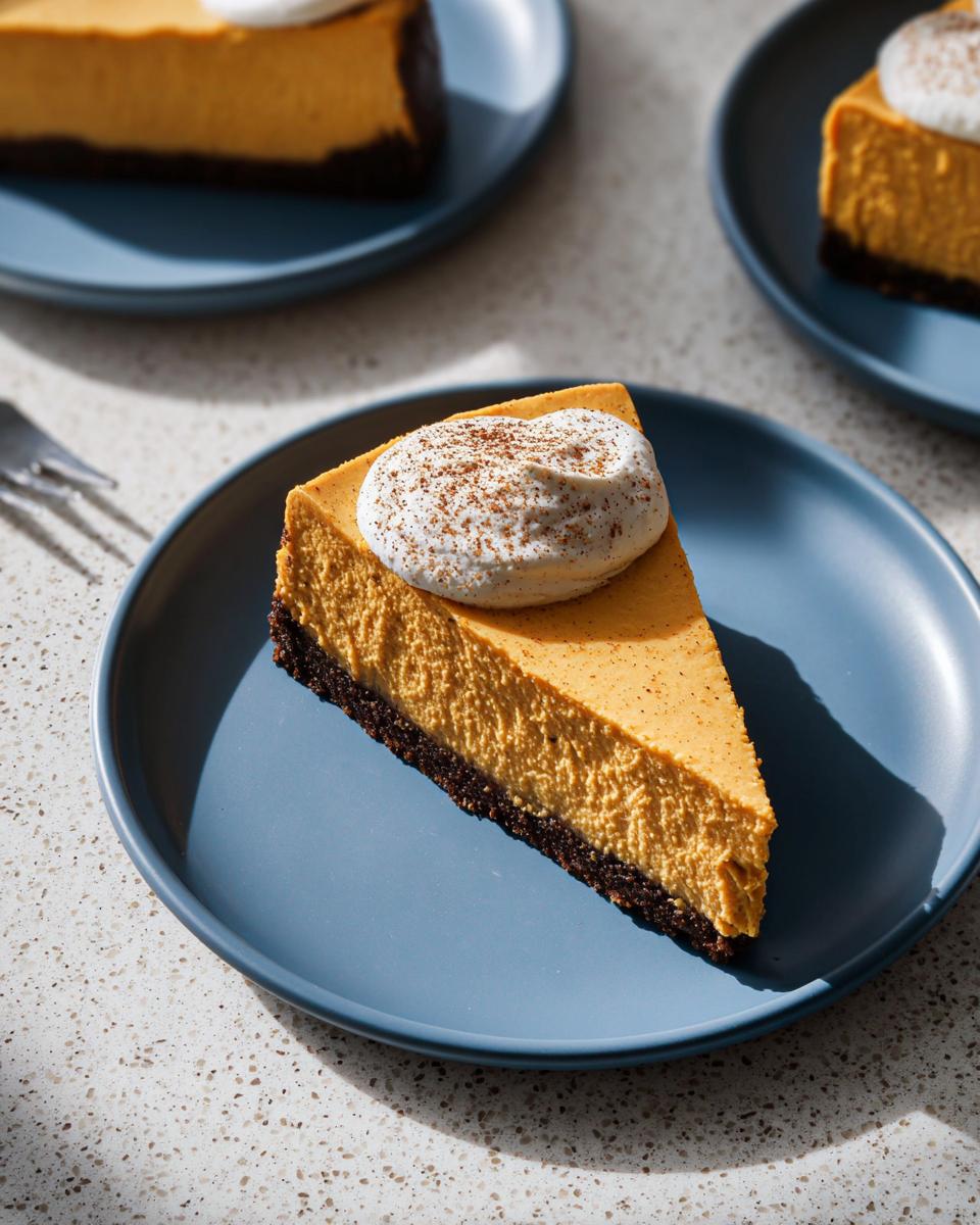 Close-up of a slice of Pumpkin Spice Cheesecake with Gingersnap Crust topped with whipped cream and cinnamon.