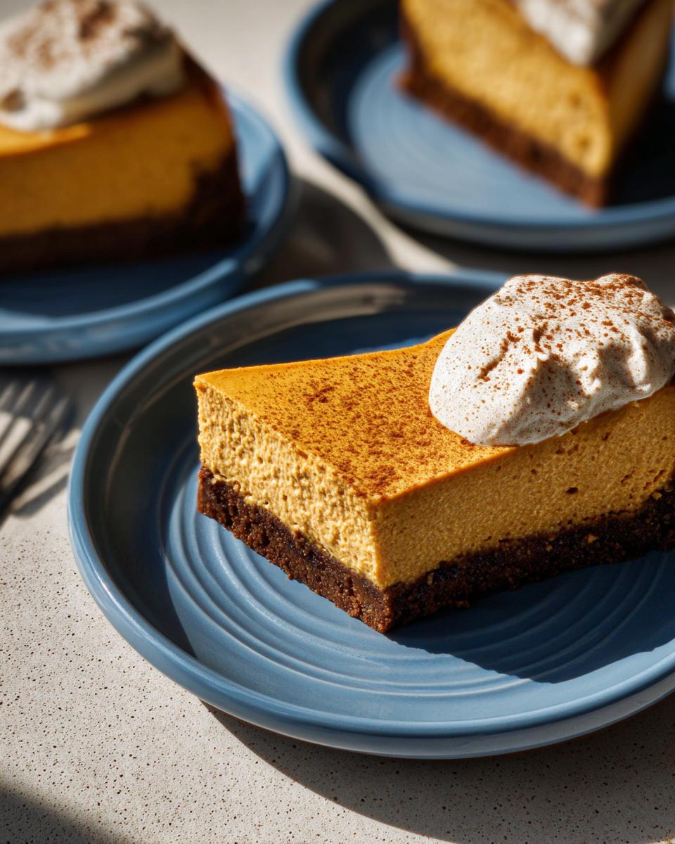 Close-up of a slice of Pumpkin Spice Cheesecake with Gingersnap Crust topped with whipped cream.