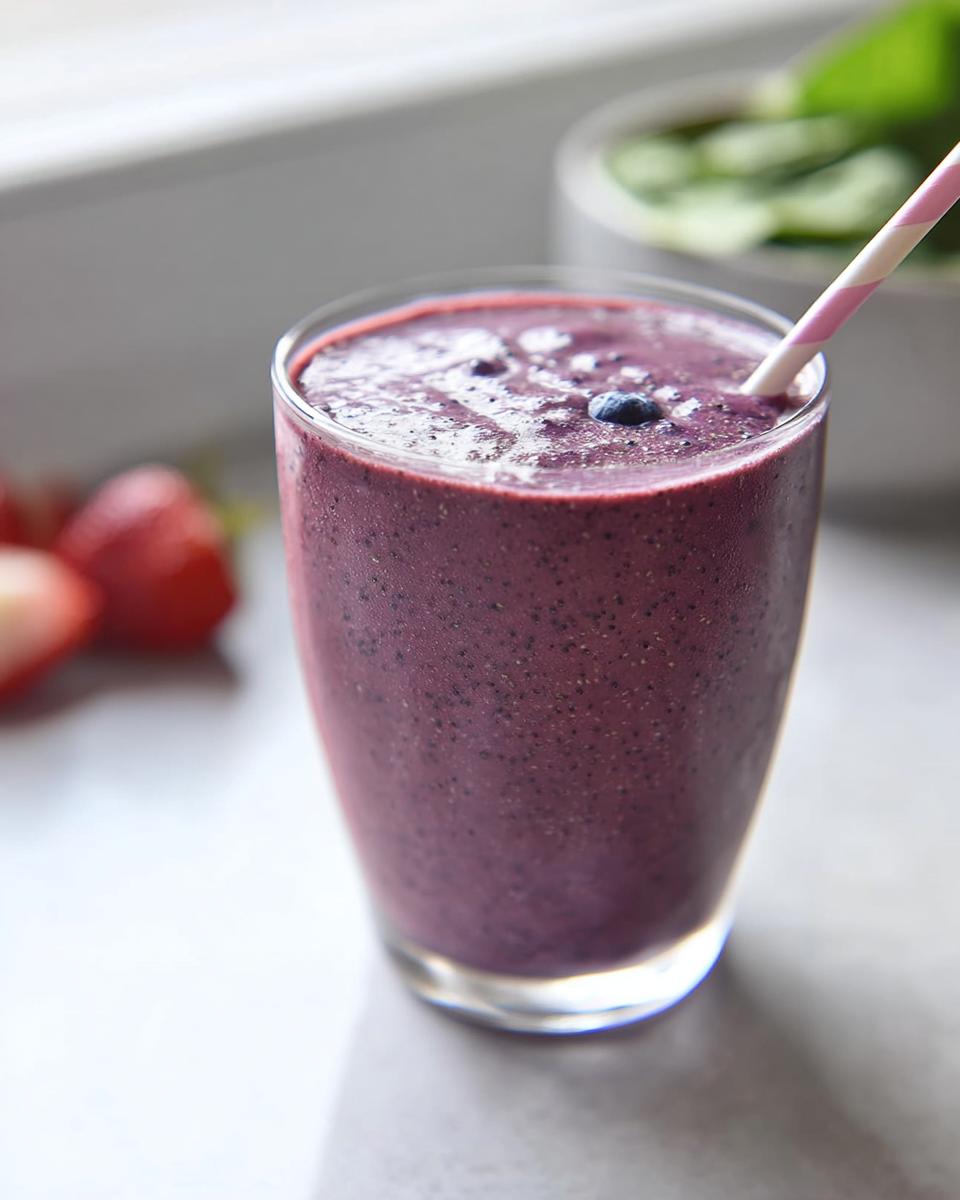 A tall glass of thick, dark purple, high-protein smoothie topped with a single blueberry and a pink striped straw.