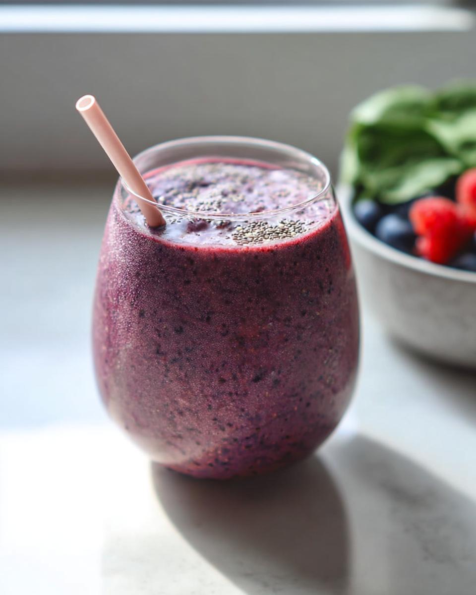A vibrant purple, high-protein smoothie topped with chia seeds in a glass with a pink straw.
