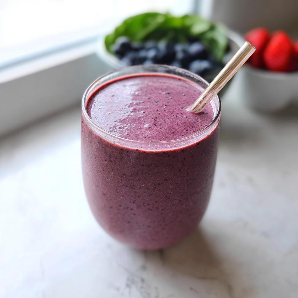 A glass filled with a thick, dark purple smoothie, featuring a gold straw, with fresh blueberries and strawberries blurred in the background.