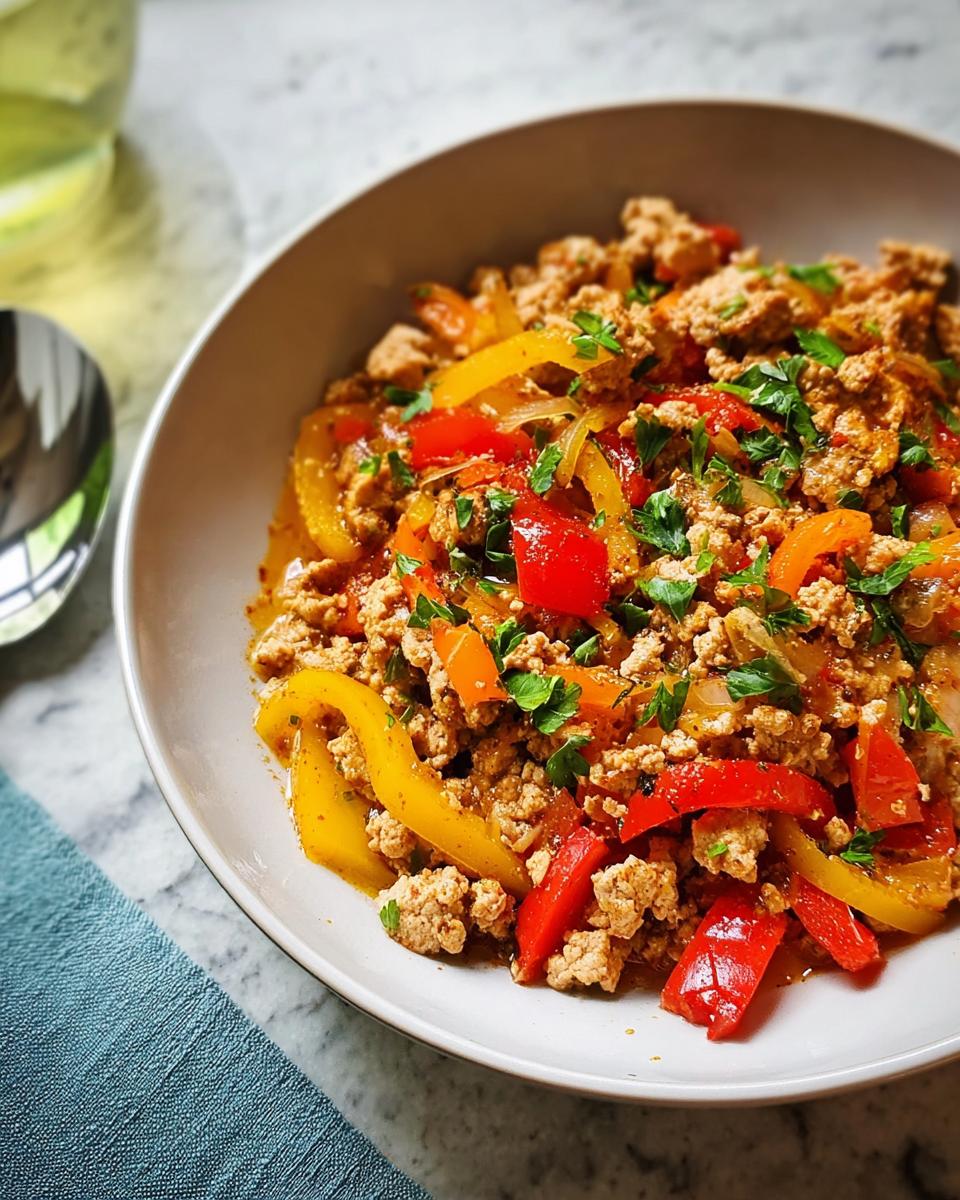 A bowl of flavorful ground turkey recipe mixed with sautéed red and yellow bell peppers, garnished with parsley.
