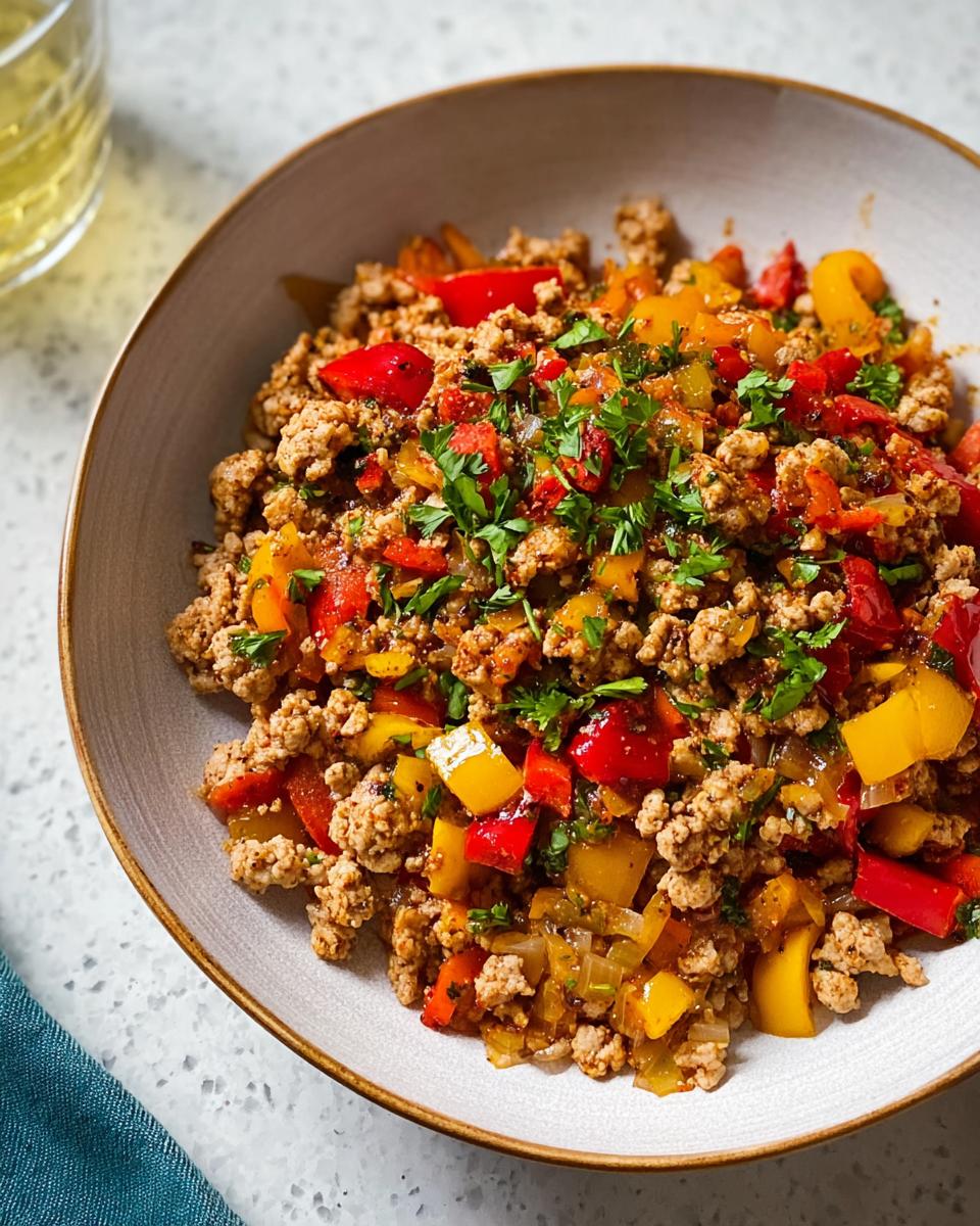 A bowl of savory Ground Turkey Recipe mixed with sautéed red and yellow bell peppers and topped with fresh parsley.