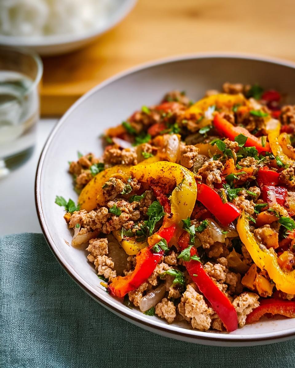 A bowl of savory ground turkey recipe mixed with sautéed red and yellow bell peppers and onions, garnished with parsley.