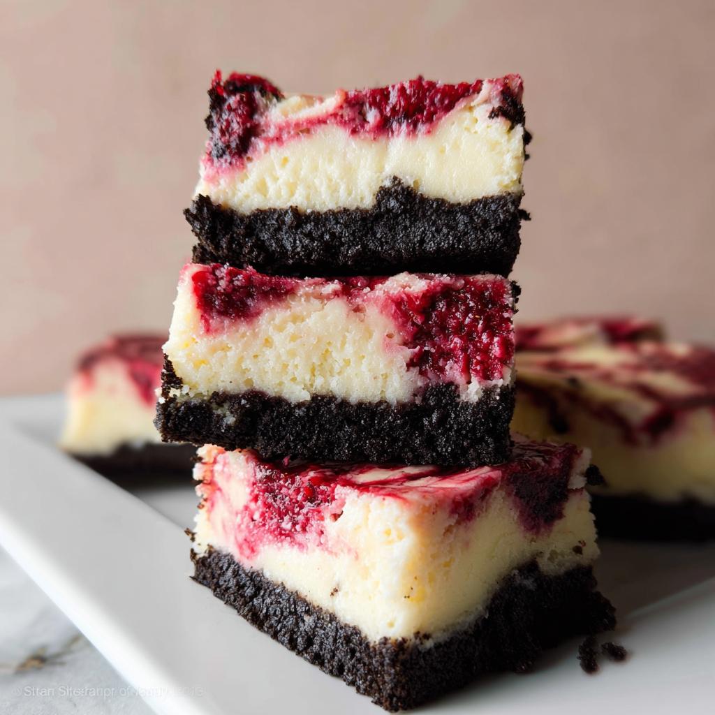 Three stacked squares of Raspberry White Chocolate Cheesecake bars with a dark chocolate crust.