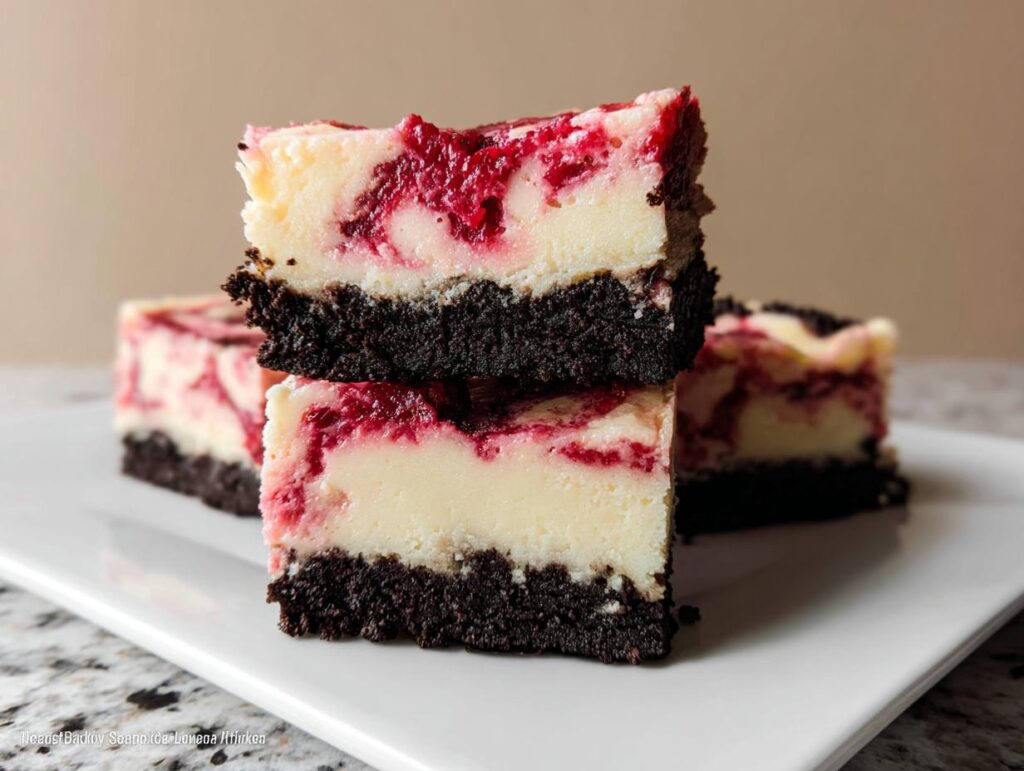 Two stacked squares of Raspberry White Chocolate Cheesecake bars with a dark chocolate crust.
