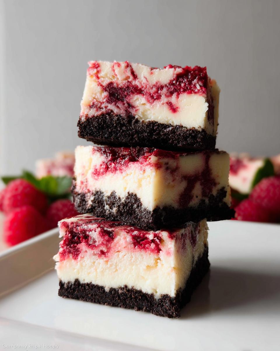 Three stacked squares of Raspberry White Chocolate Cheesecake with a dark crust and raspberry swirl.