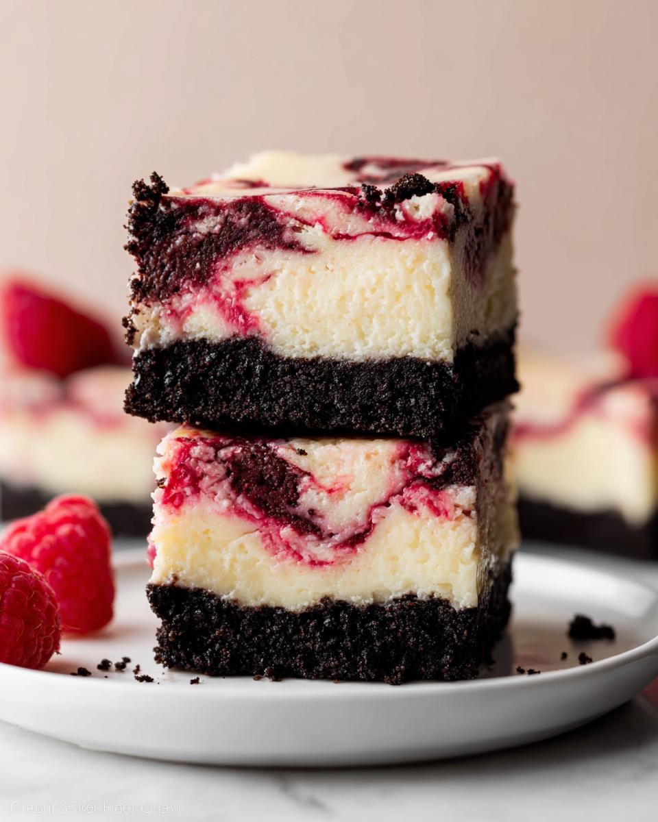 Two stacked squares of Raspberry White Chocolate Cheesecake with a dark chocolate crust and raspberry swirl.