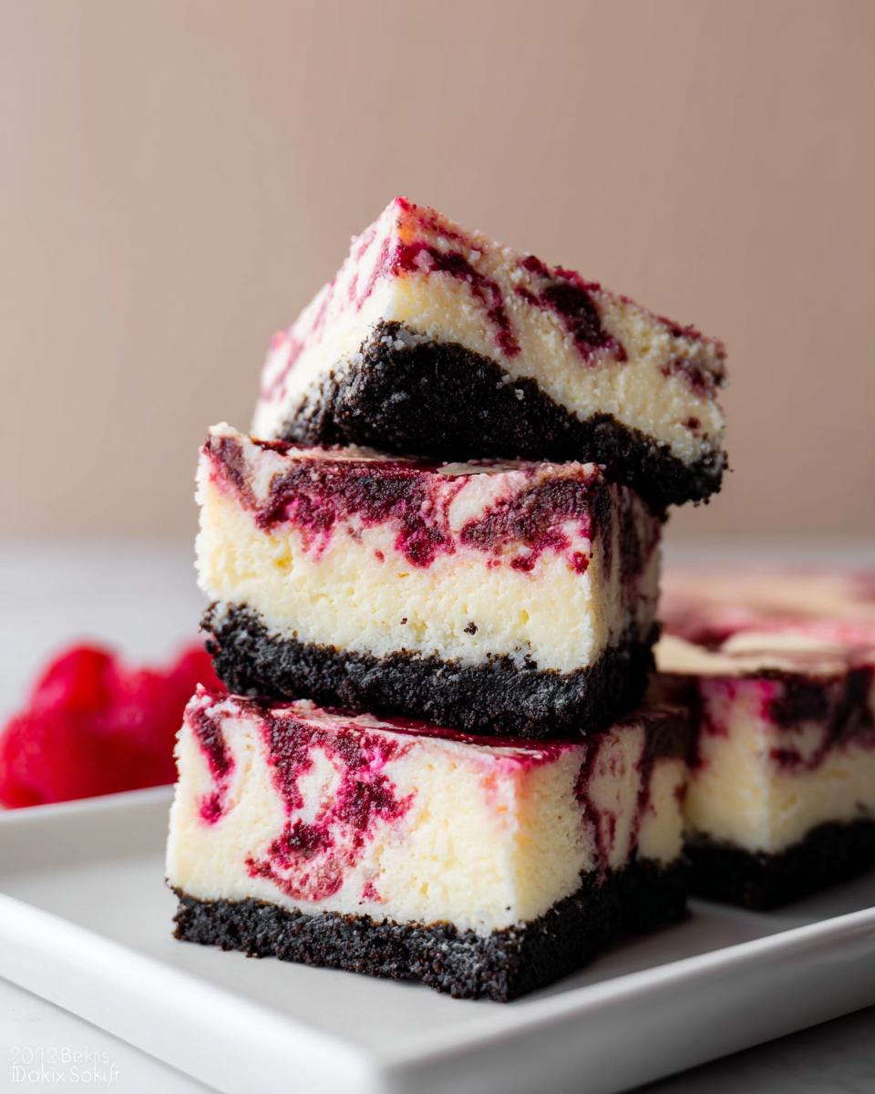 Three stacked squares of Raspberry White Chocolate Cheesecake with a dark crust and raspberry swirl.
