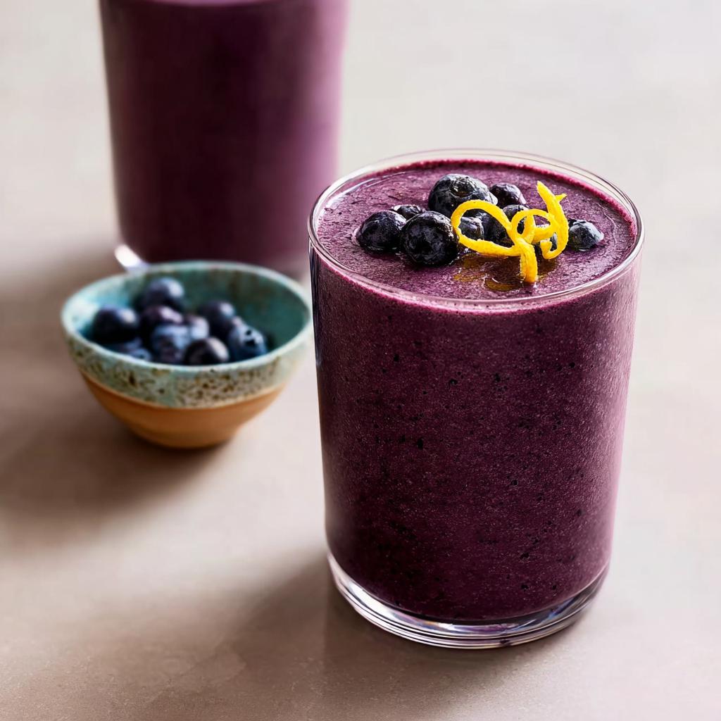 Close-up of a thick, purple Refreshing Anti-Inflammatory Lemon-Blueberry Smoothie topped with fresh blueberries and lemon zest.