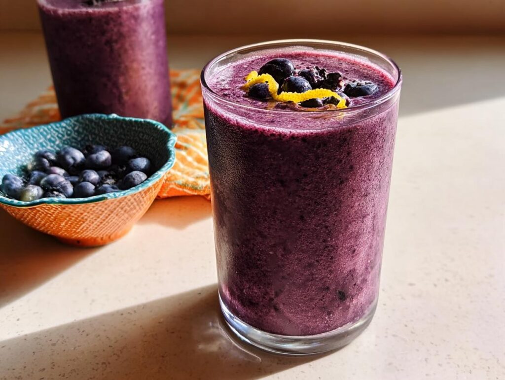 Close-up of a glass filled with a thick, purple Refreshing Anti-Inflammatory Lemon-Blueberry Smoothie, topped with fresh blueberries and lemon zest.