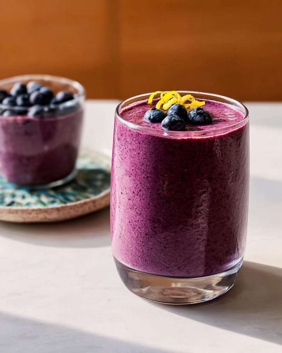 Close-up of a vibrant purple Refreshing Anti-Inflammatory Lemon-Blueberry Smoothie topped with fresh blueberries and lemon zest.