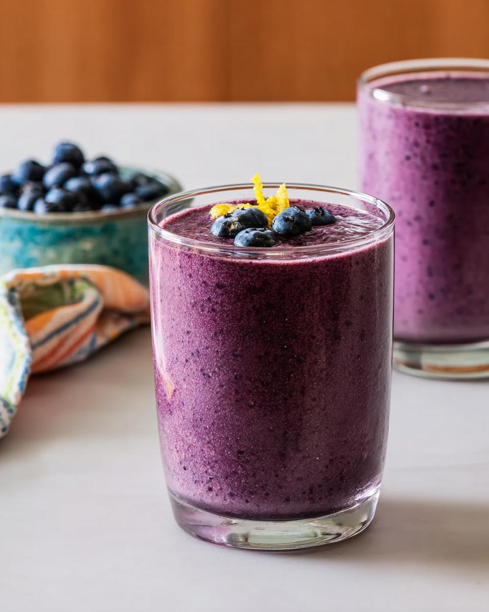 Close-up of a thick, purple Refreshing Anti-Inflammatory Lemon-Blueberry Smoothie topped with fresh blueberries.