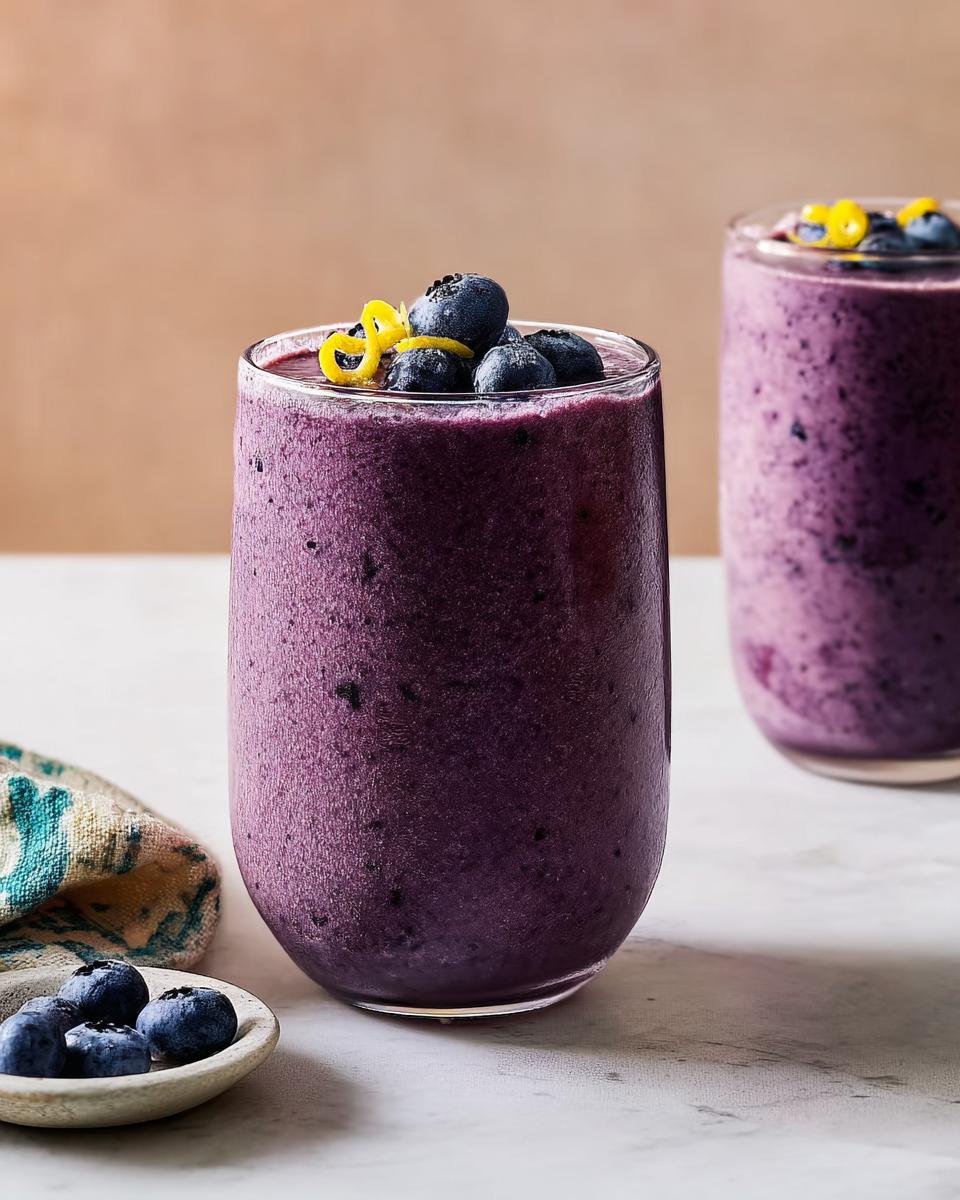 A tall glass filled with a thick, vibrant purple Refreshing Anti-Inflammatory Lemon-Blueberry Smoothie, garnished with fresh blueberries and lemon zest.