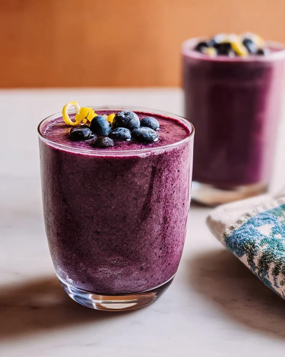 Close-up of a thick, purple Refreshing Anti-Inflammatory Lemon-Blueberry Smoothie topped with fresh blueberries and lemon zest.