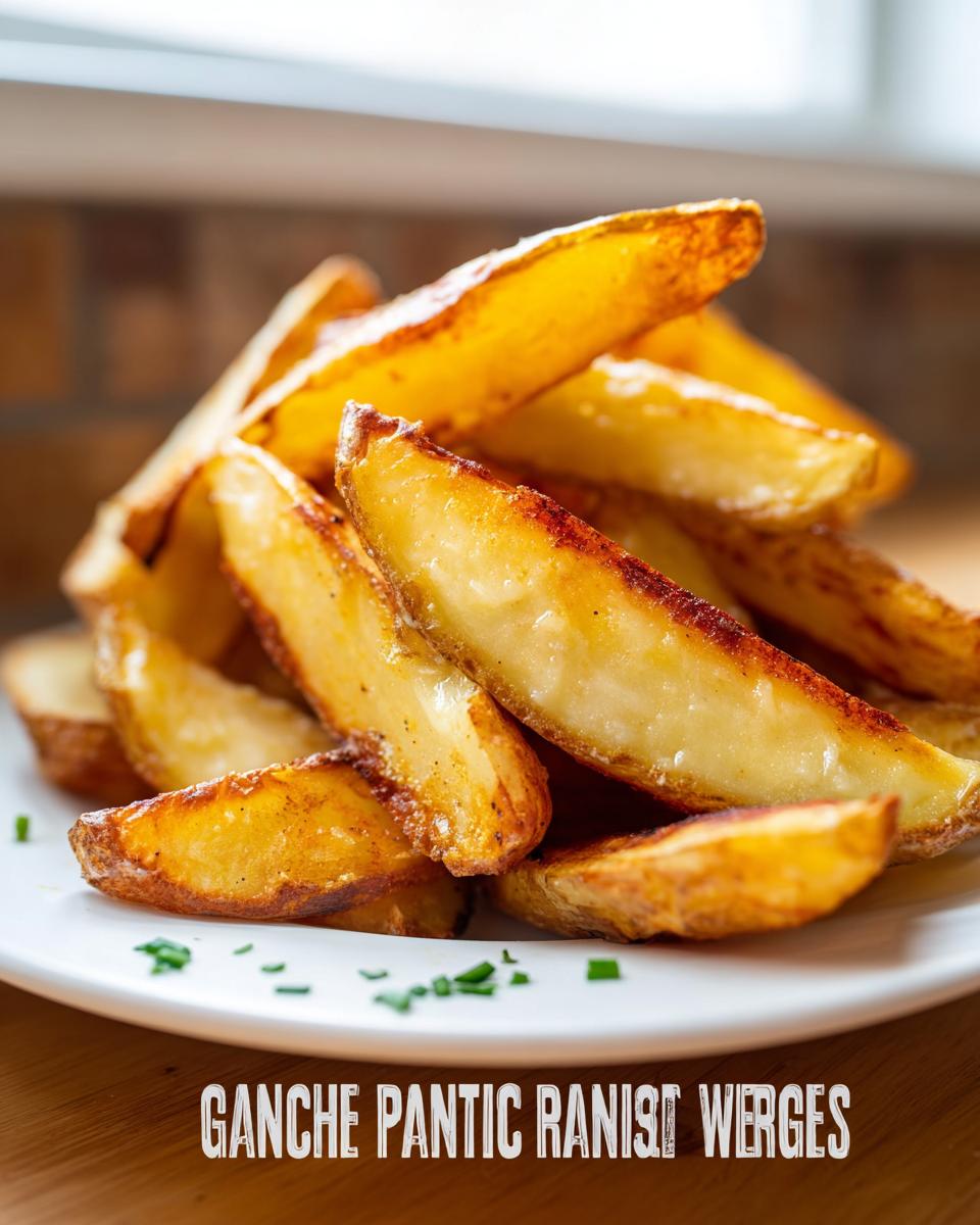 Close-up of perfectly golden Roasted Ranch Seasoned Potato Wedges piled on a white plate and garnished with chives.