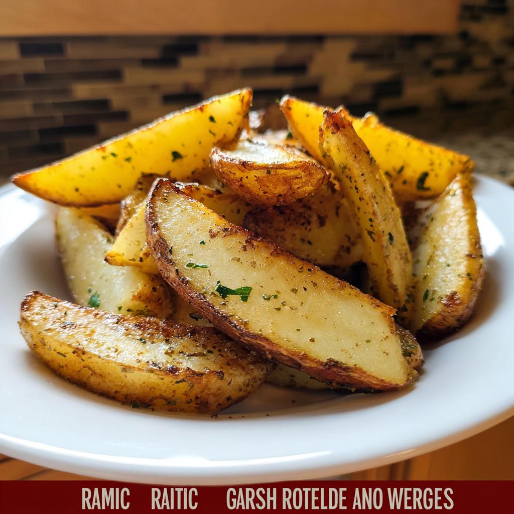 A close-up of golden brown Roasted Ranch Seasoned Potato Wedges seasoned with herbs served in a white bowl.