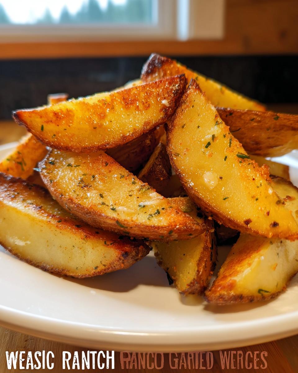 A close-up of golden brown Roasted Ranch Seasoned Potato Wedges piled high on a white plate.