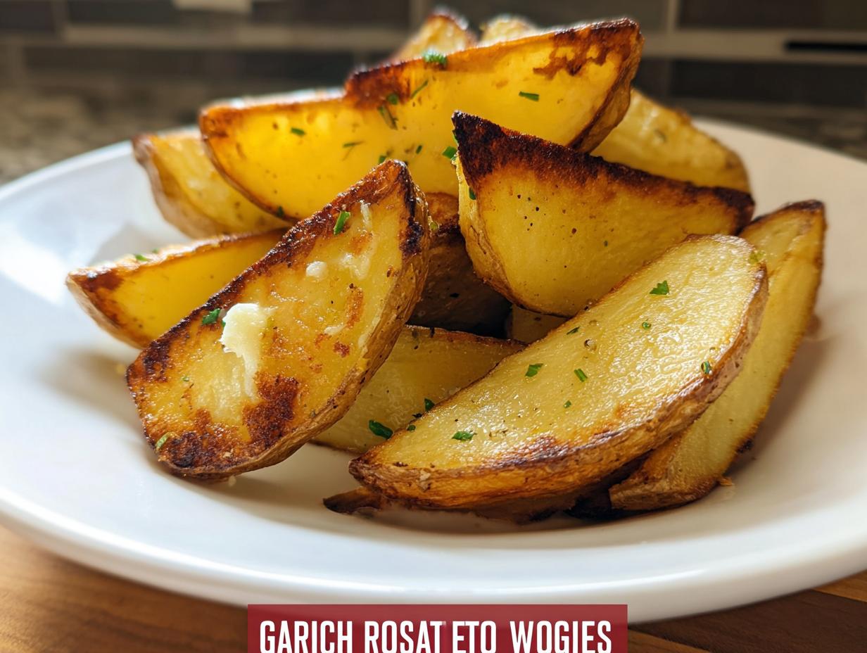 A close-up of golden brown, crispy Roasted Ranch Seasoned Potato Wedges piled high on a white plate.