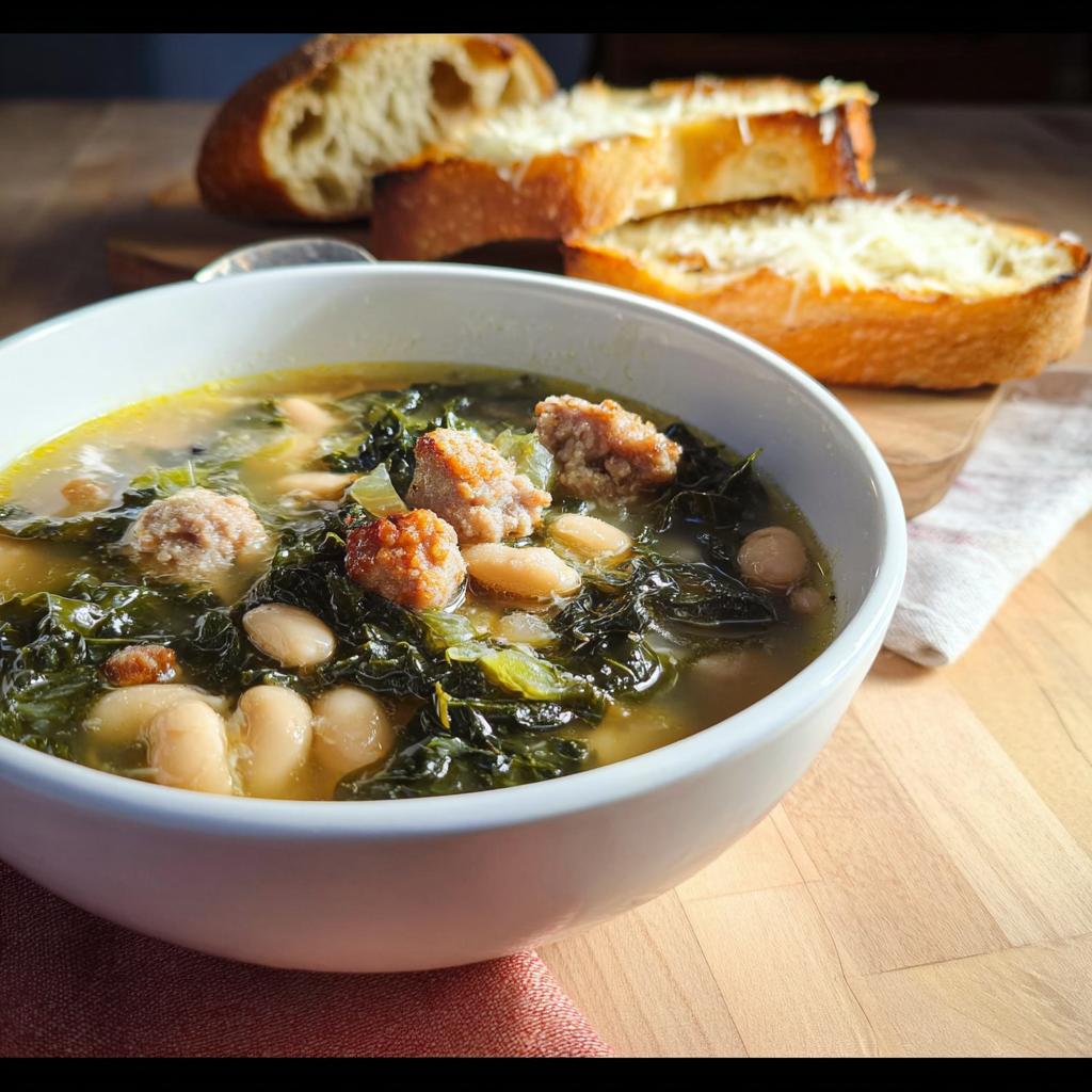 A hearty bowl of Rustic Tuscan White Bean and Kale Soup with sausage pieces, served with cheesy toasted bread.