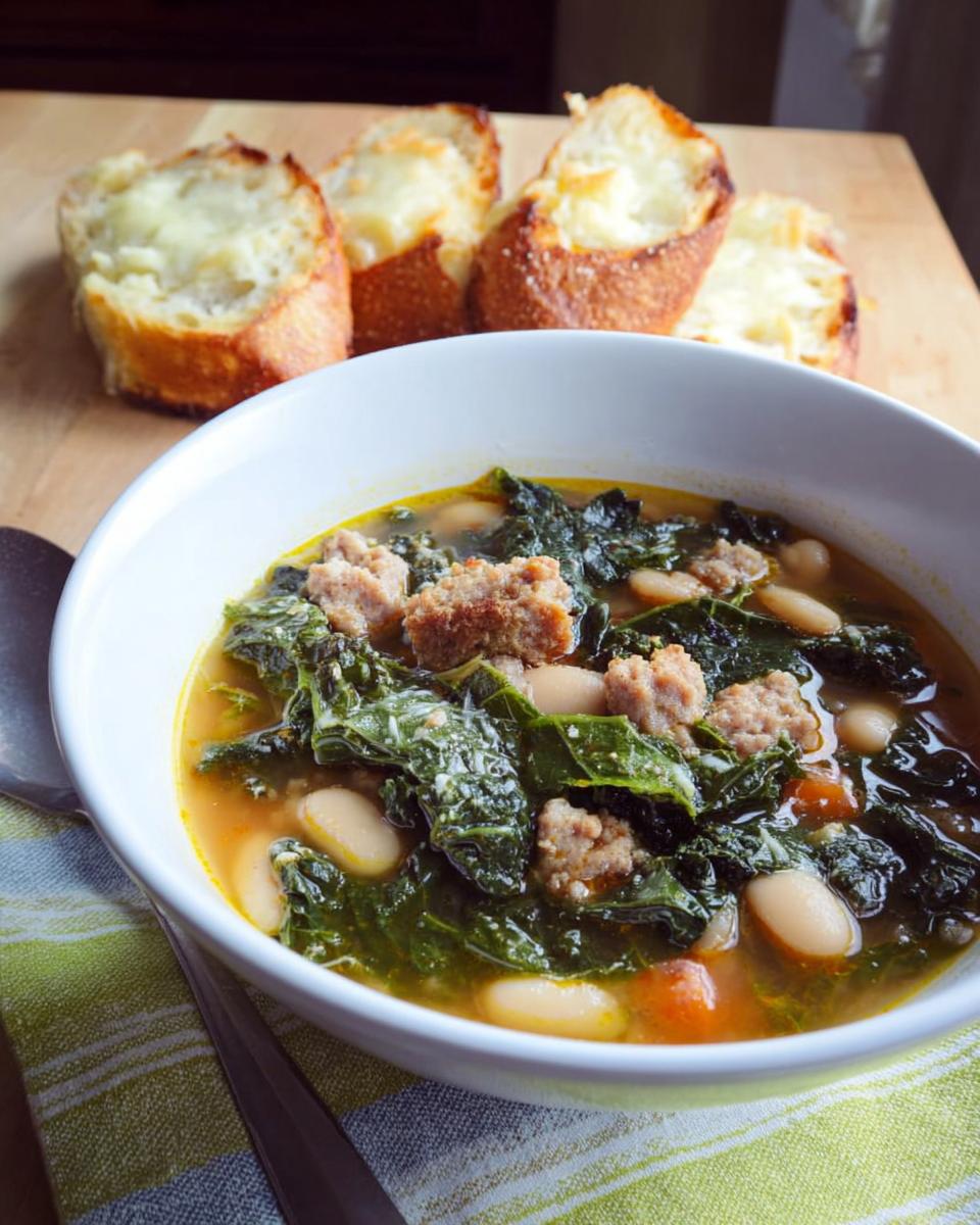 A bowl of Rustic Tuscan White Bean and Kale Soup with sausage, served with cheesy toasted bread slices.