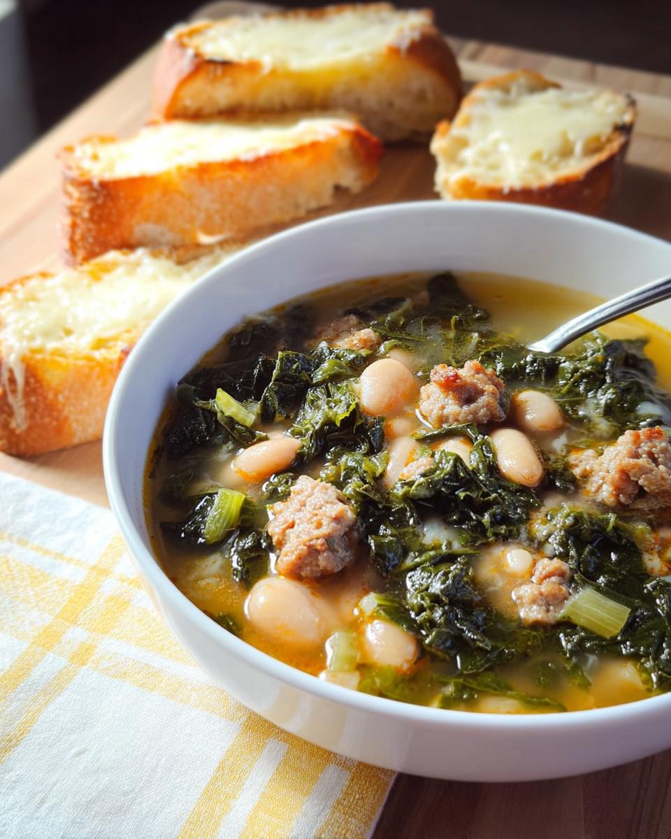 A white bowl filled with Rustic Tuscan White Bean and Kale Soup, served with cheesy toasted bread slices.