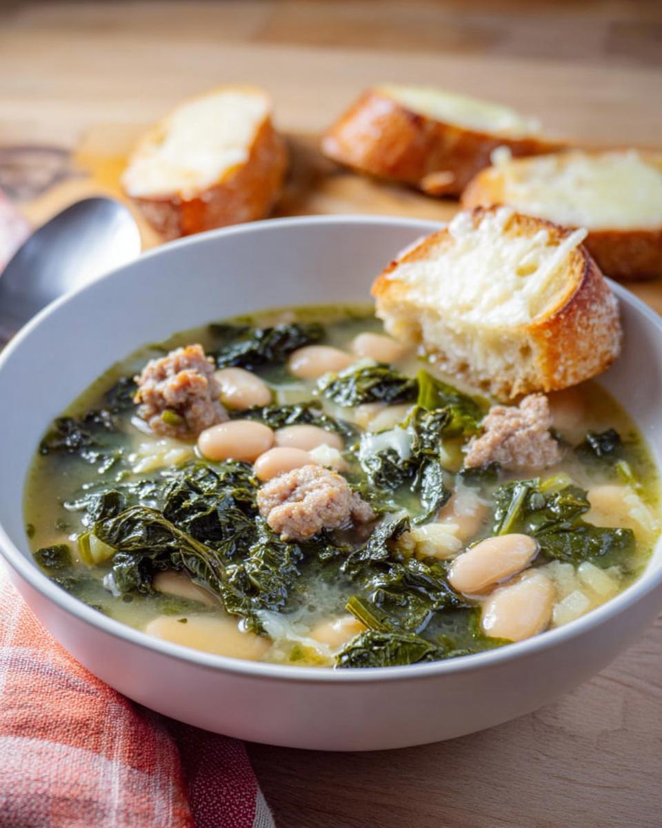 A bowl of Rustic Tuscan White Bean and Kale Soup topped with sausage crumbles and a cheesy toasted bread slice.