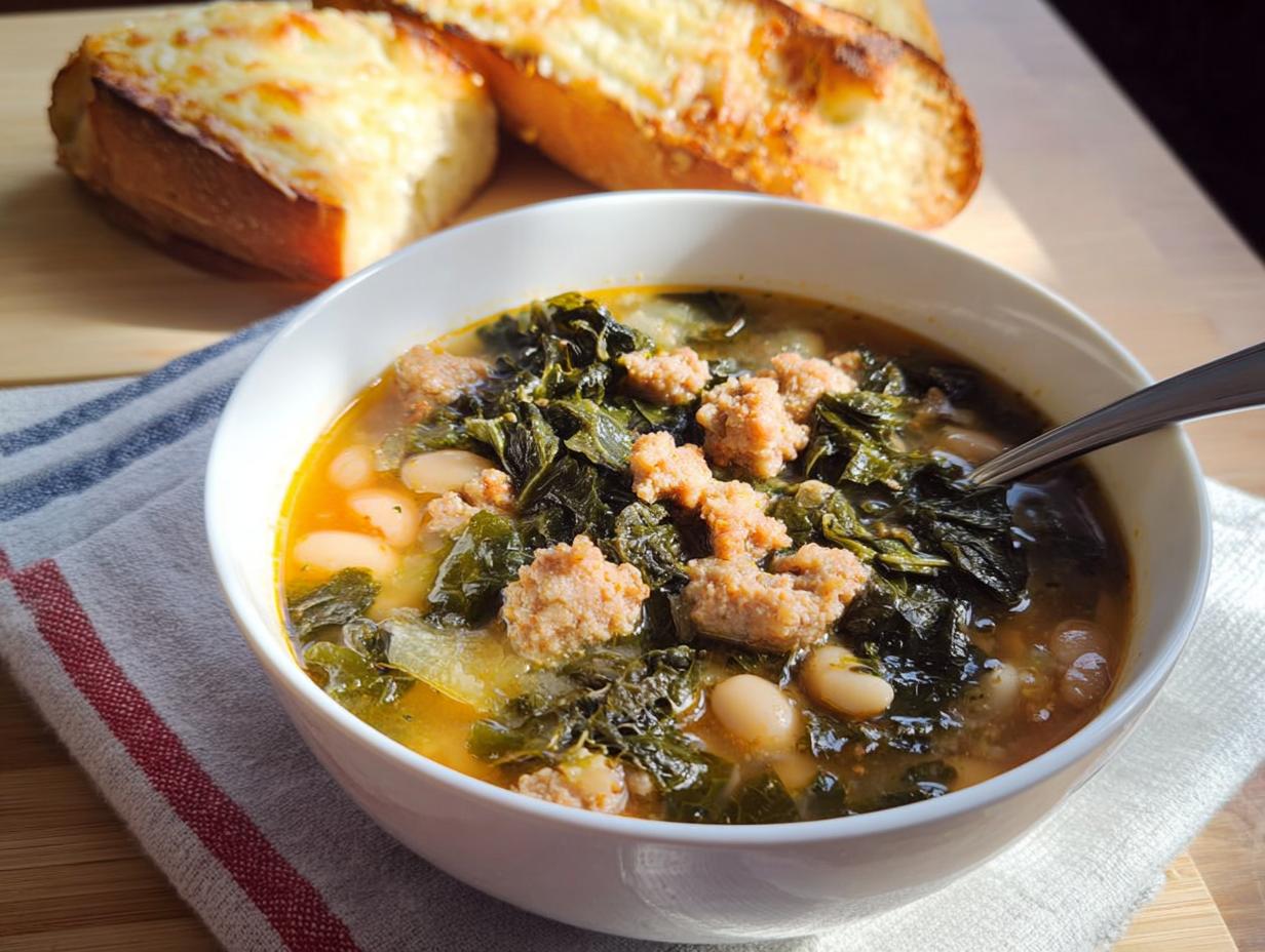 A bowl of Rustic Tuscan White Bean and Kale Soup topped with sausage crumbles, served with cheesy bread.