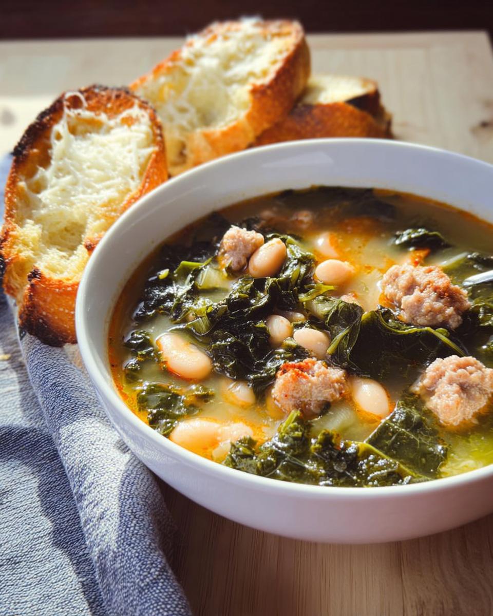 A bowl of Rustic Tuscan White Bean and Kale Soup with sausage and toasted cheese bread slices nearby.