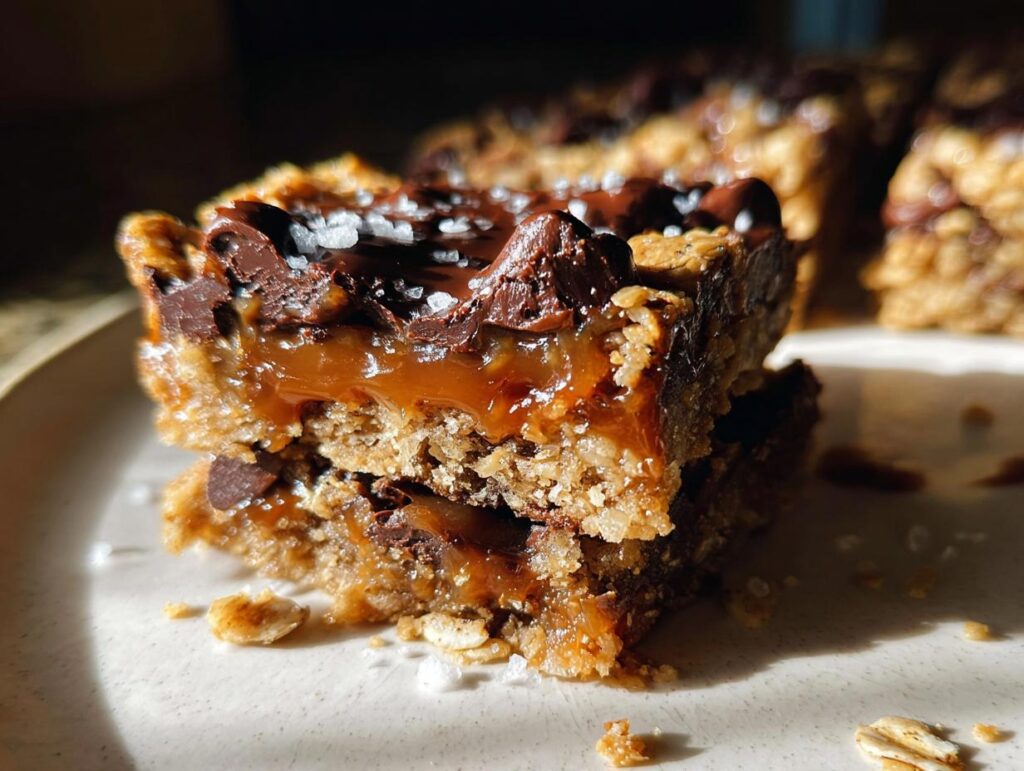 Two stacked Salted Caramel Chocolate Chip Cookie Bars showing gooey caramel, melted chocolate, and sea salt flakes.