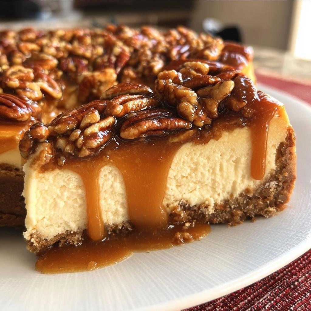A decadent slice of Salted Caramel Pecan Cheesecake with thick caramel dripping down the creamy filling and pecan topping.