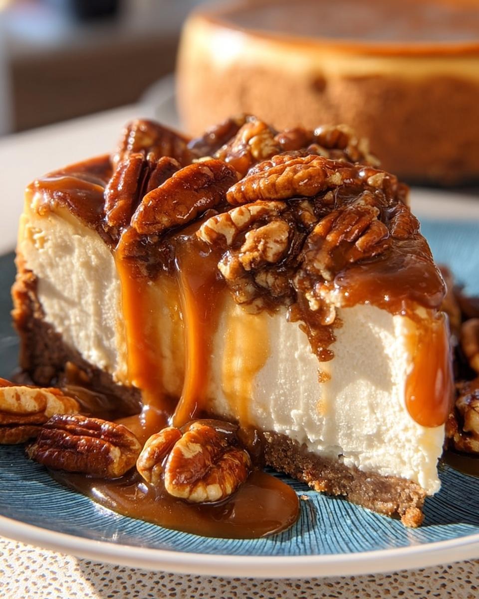 A rich slice of Salted Caramel Pecan Cheesecake topped with pecans and dripping caramel sauce.